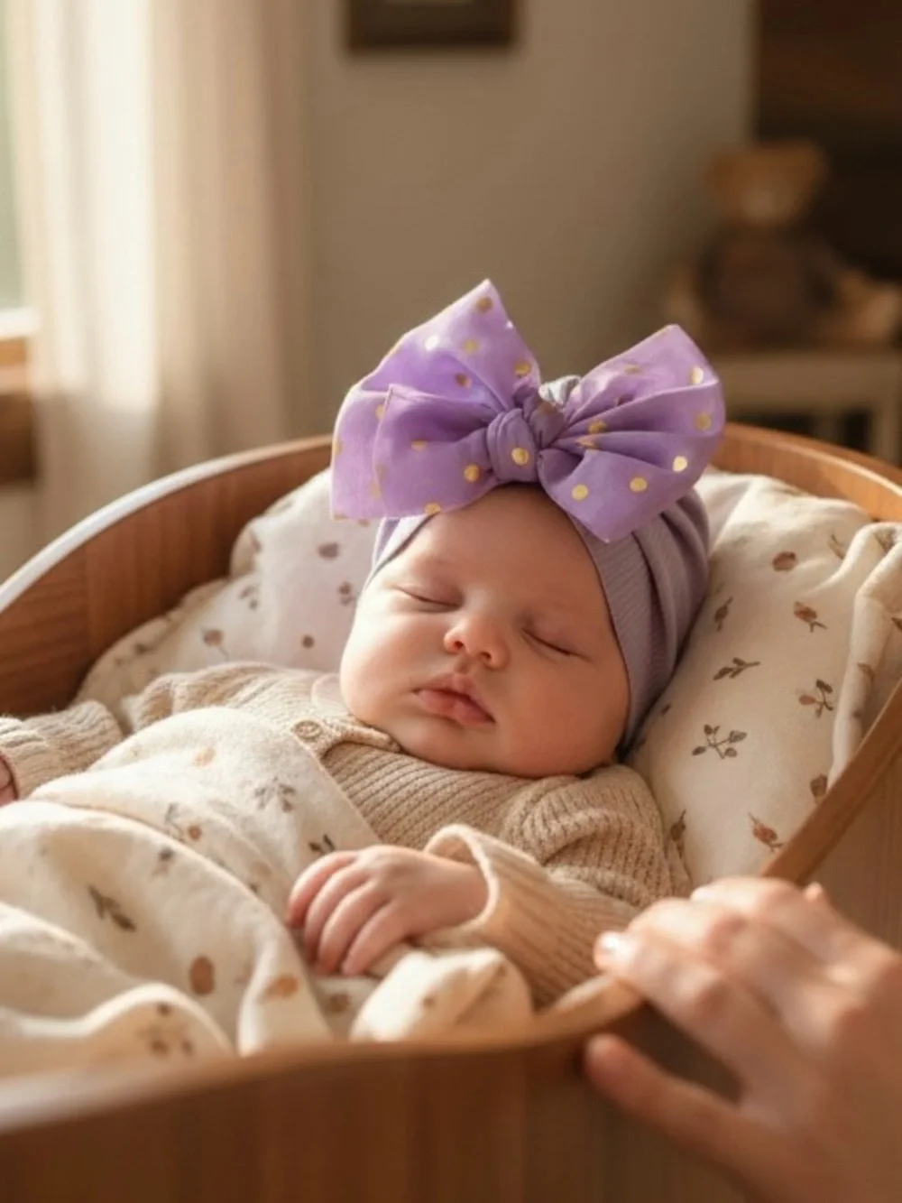 Handmade Lavender Ribbed Baby Turban Hat with Gold Polka Dot Bow NWT